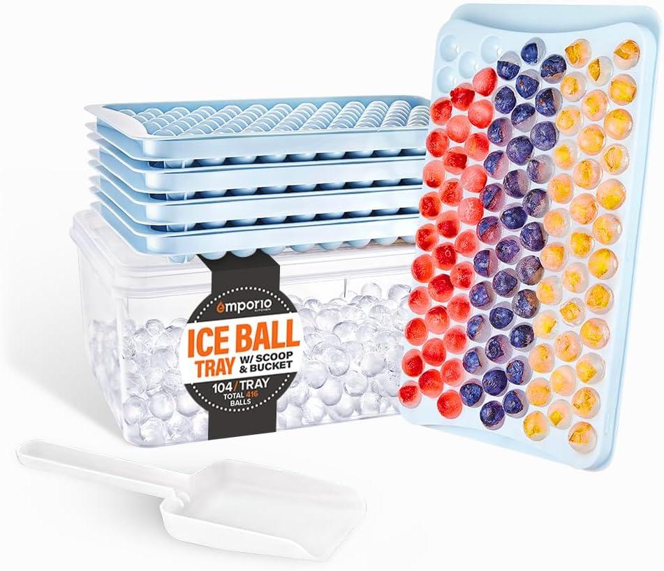 Round Ice Cube Tray with Lid and Bin  Creates 416 Ice Balls (0.60 Inch Size), Stackable Ice Cube Trays, Easy-Release Ice Balls for Drinks and Cocktails, Pack of 1 (4 Trays), Blue