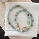 Amazonite Necklace, Colored Natural Stone Amazonite Beaded Necklace with Freshwater Pearl, 18 Inch Beaded Choker Summer Beach Jewelry for Women