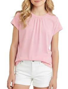 PATPAT Girls Pleated Short Sleeve T Shirt Size 9-10 Years Pink Pain Summer Crewneck Shirts Kids Casual Preppy Fashion Tops Tees