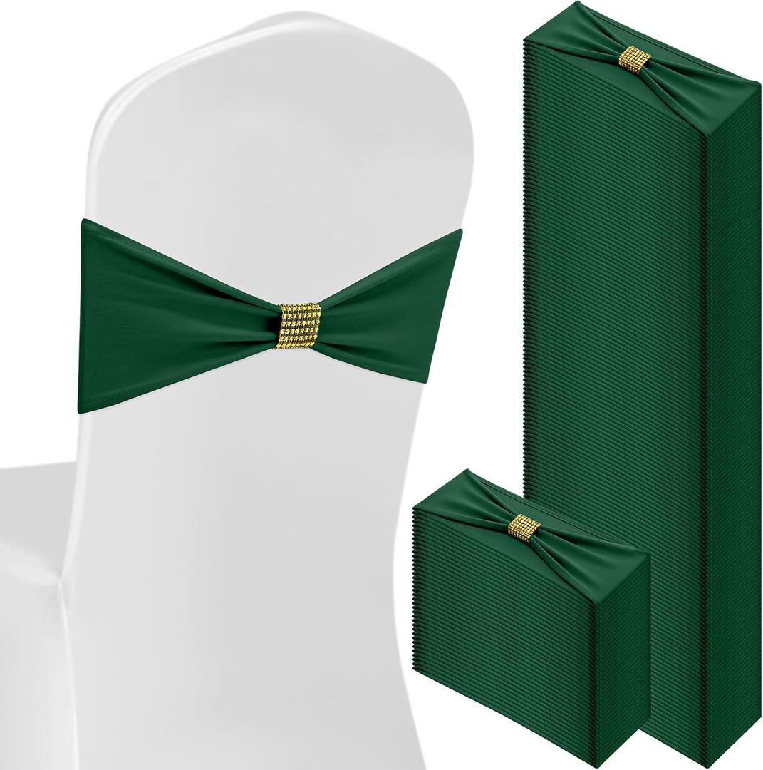Hahafelt 100 Pcs Spandex Chair Sashes Bows with Rhinestone Ring Buckle Slider Elastic Universal Bowknot Chair Cover Bands Ties for Wedding Banquet Ceremony Event Party Decoration(Dark Green)