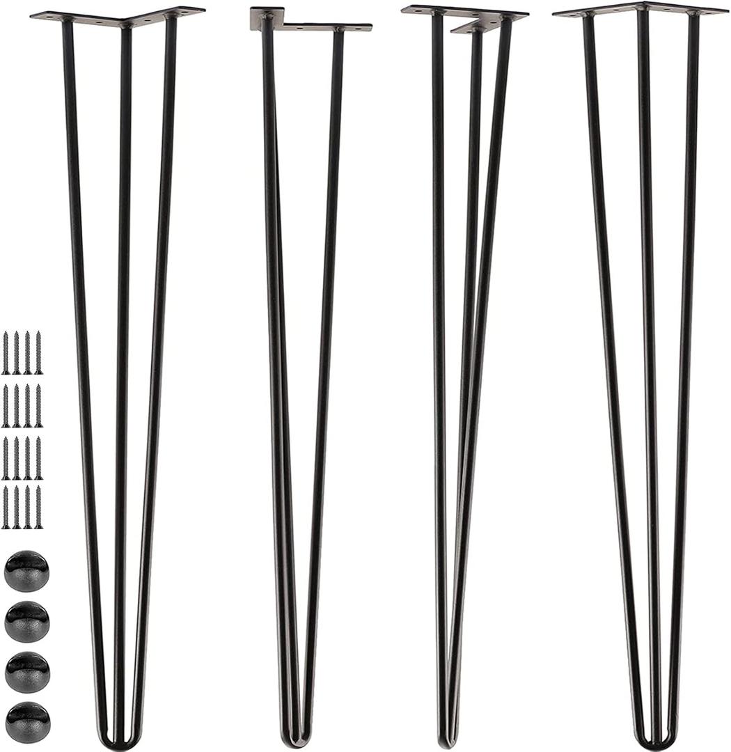 SPACEEUP 30" Hairpin Table Legs, 4PCS Coffee Desk Legs with Rubber Floor Protectors, 880lbs Load Capacity, Heavy Duty Black Metal Furniture Legs 3 Rods for DIY Bench Desk Dining End Table Chairs