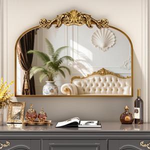 Vintage Arched Wall Mirror, 28"x 20" Bathroom Vanity Mirror with Carved Pattern Top and Aluminum Frame, Antique Decorative Mirror for Hanging or Leaning