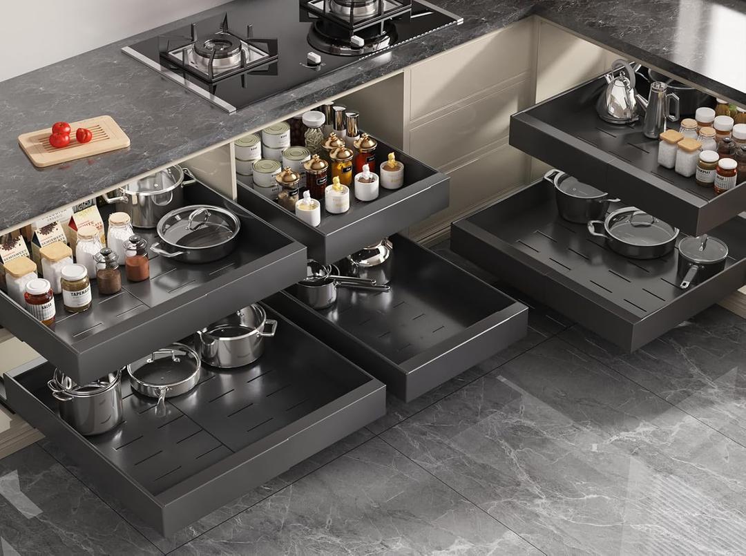 Seinloes 6 Pack Pull Out Cabinet Organizer 21" Deep,Full Extension 3 Slide Rails Slide Out Drawers With Raising Pad for Framed Cabinets,Expandable Width (12.3"-20.5"),No Drill Roll Out Shelves,Black