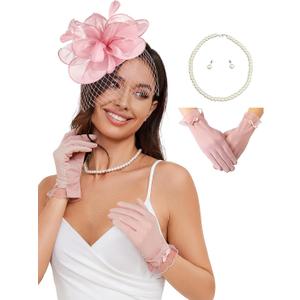 Ibeauti Fascinator Hats with Screentouch Lace Gloves Set for Women Tea Party Cocktail Wedding Derby Headwear Short Gloves (Pink)