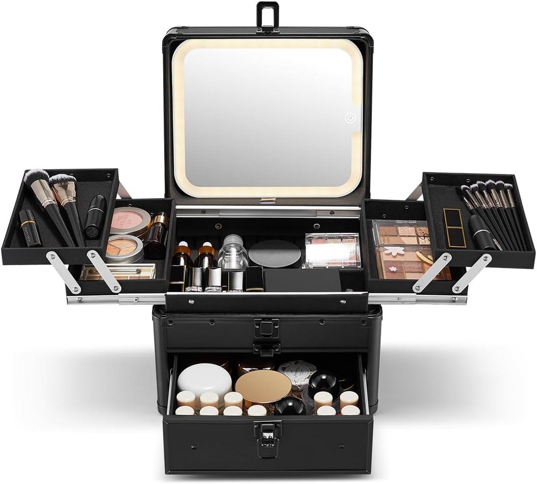 Qislee Makeup Box with Drawer and Four Trays, A Detachable Lighted Mirror, Waterproof Travel Train Case, Cosmetic Organizer and Makeup Suitcase with Magnetic LED Mirror(Black)