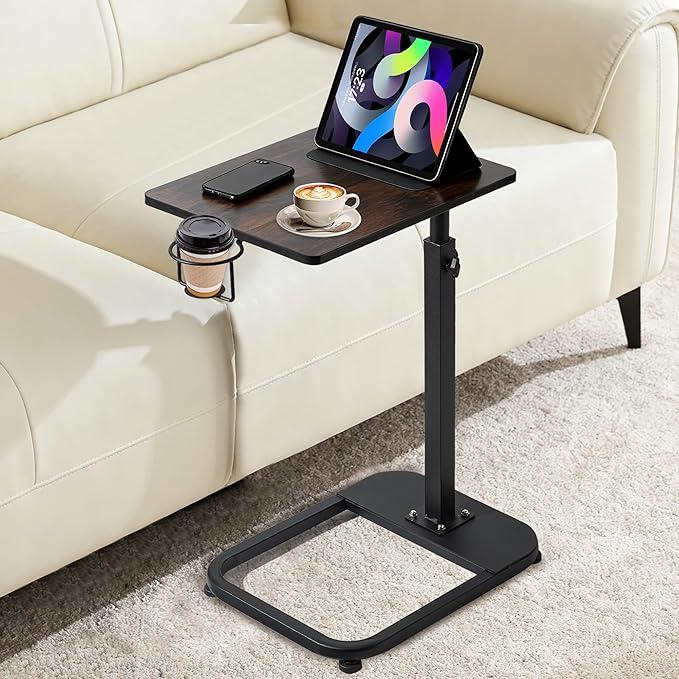 facka Adjustable TV Tray Table with Rounded Metal Corners, CShaped Snack Table for Couch, Sofa, Bed or Chair, Small Space Side Table for Eating, Dinner, or Laptop Use