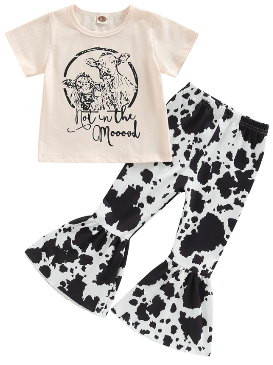 Western Baby Girl Clothes Bell Bottom Outfit Cow Print Short Sleeve T-Shirt Top Flare Pants Set Cowgirl Outfits, 3-4 y