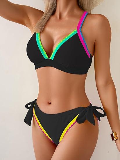 Bikini Sets for Women Floral Two Piece Bathing Suit V Neck Shell Stitched Swimsuit Tie Side Triangle Swimwear, Size Medium, Color: Black, Pink Yellow Color Block
