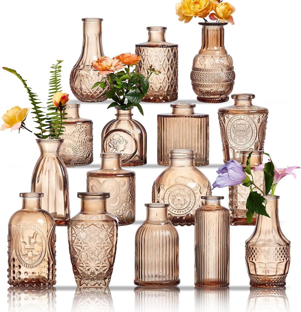 Glass Bud Vases Set of 16 - Amber Assorted Small Mini Glass Vases for Flowers, Crystal Vintage Vase Set, Bulk Centerpieces for Table Dcor, Wedding, Home and Events (Amber, 16 Pcs)