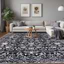 8x10 Area Rugs for Living Room, Black and White Vintage Floral Washable Large Area Rug, Boho Non-Slip Foldable Rugs Accent Super Soft Thin Printed Faux Wool Indoor Rug for Bedroom Dining Room