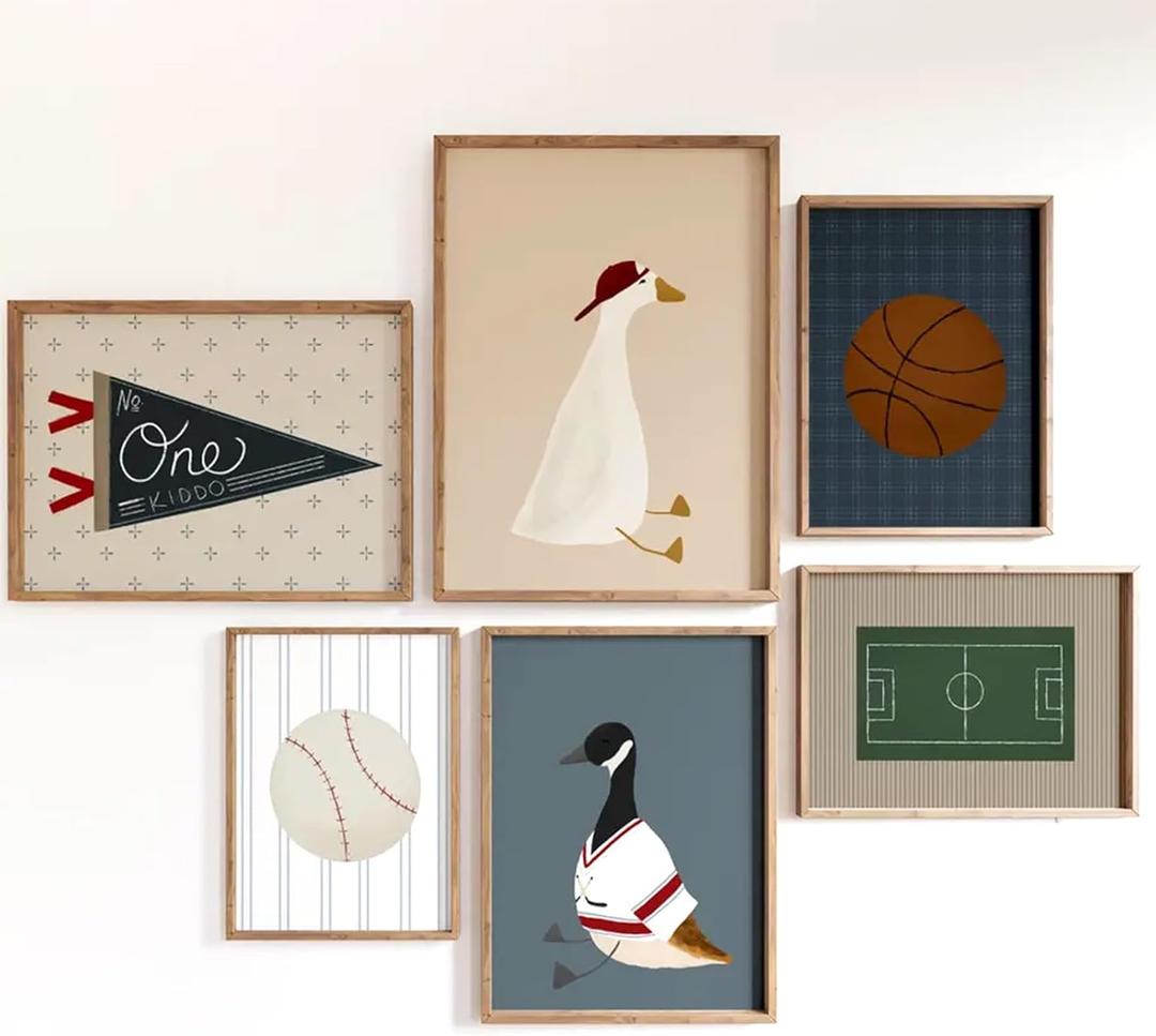 Sports Nursery Wall Art Decor Vintage Boys Room Canvas Pictures Baseball Sport Wall Decor Toddler Boys Basketball Poster Nursery Goose Prints Artwork for Kids Bedroom 12x16 Inch Unframed Set of 6