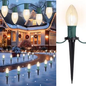 C9 LED Christmas Pathway Lights, 2 Sets Total 51.4 Ft Christmas Path Light with 40 Bulbs and Stakes, Extendable Waterproof String Lights for Walkway Driveway Lawn Outdoor Decorations, Warm White