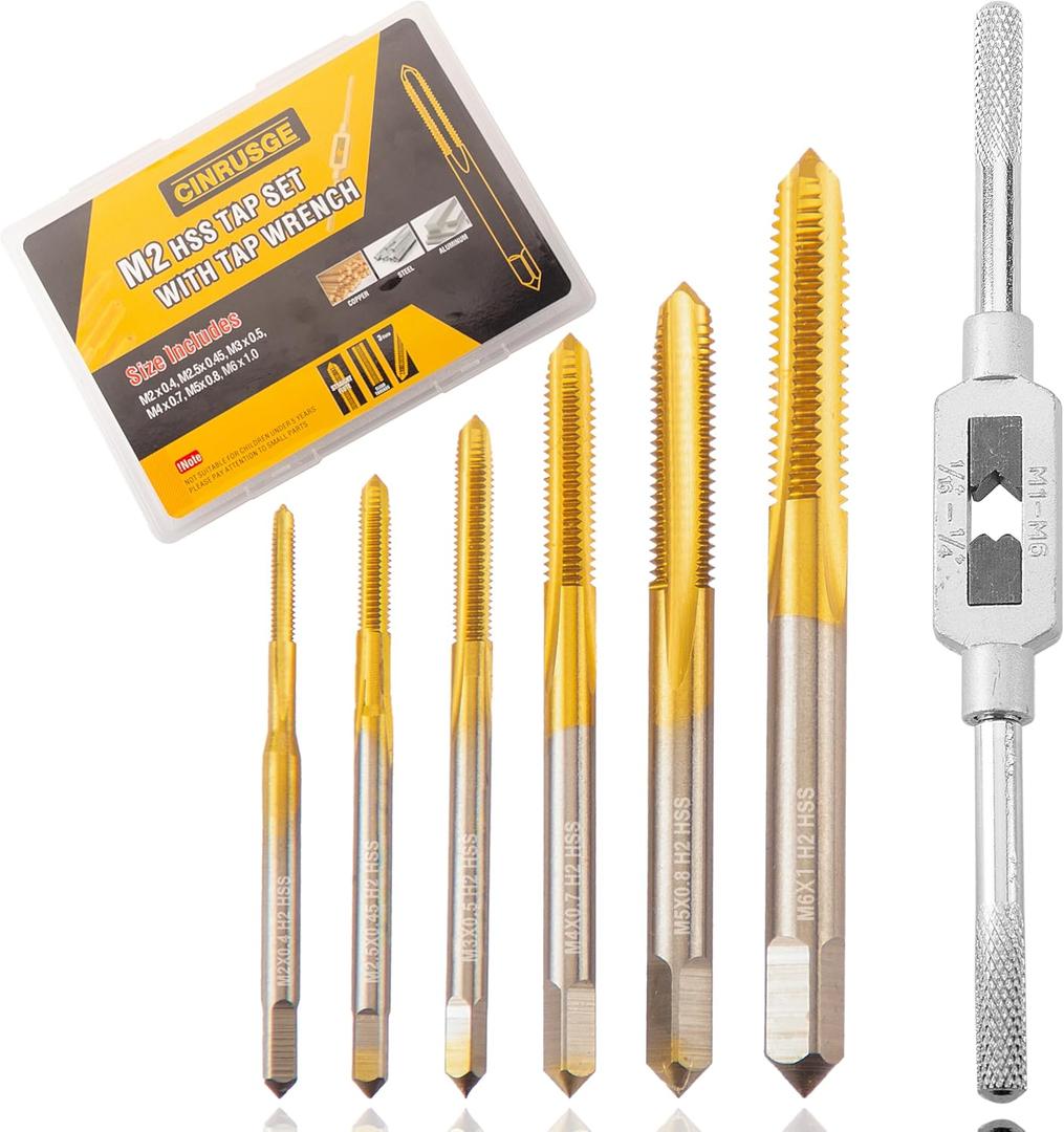6pcs Metric Tap Set with Tap Wrench, M2～M6 Ti-Coated M2 HSS Thread Tap Set for Metal, Aluminum, Cast Iron, Brass