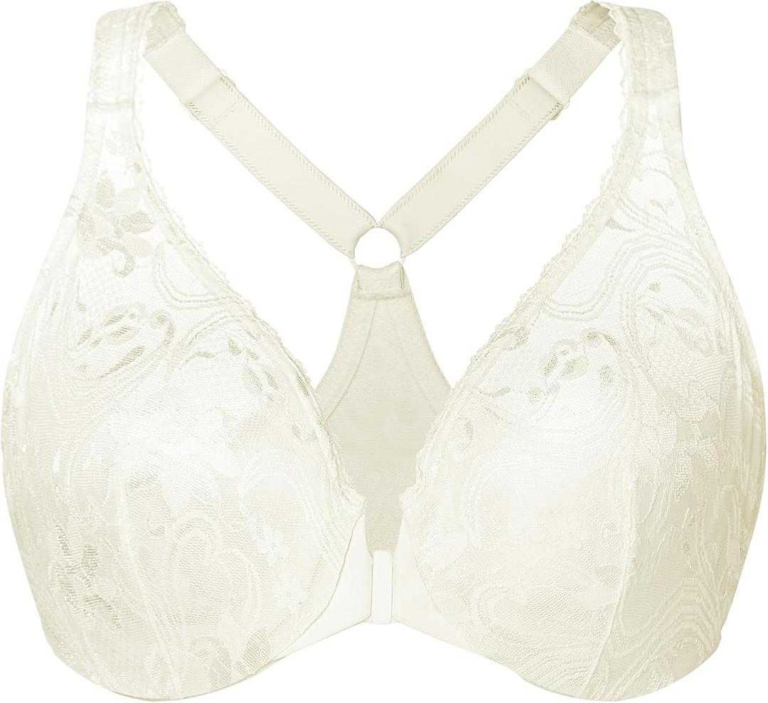 MELENECA Women's Plus Size Racerback Unlined Lace Underwire Front Closure Bra Off White 34G