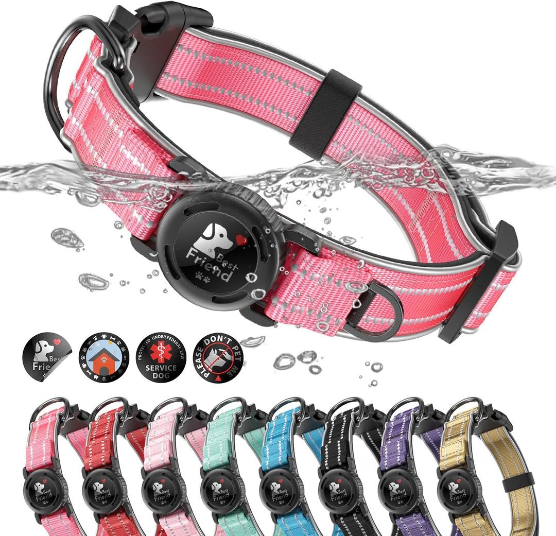Upgrade Airtag Dog Collar,with IPX8 Waterproof AirTag Holder | Reflective Ultra-Durable | Soft Padded | Lock Buckle | Heavy Duty | Fit Small Medium Large Dogs（Rose，M(15"～19")