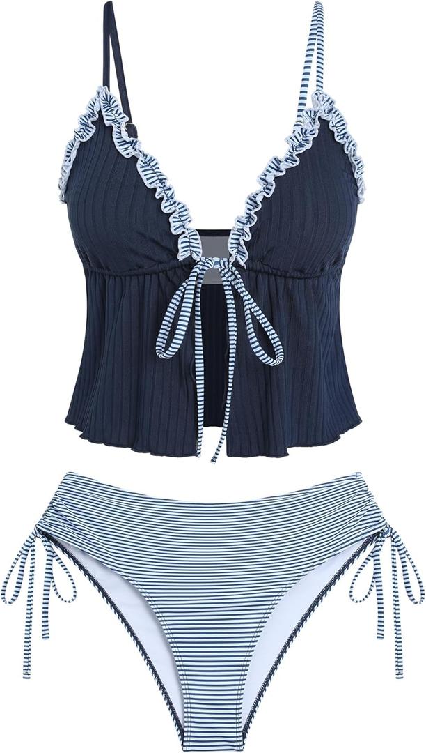 ZAFUL Tankini Swimsuits for Women Smocked Ruffles Tie Front Bowknot Textured High Cut Tanga Tankini Set (Blue, XL)