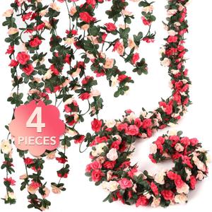 4 Pcs 32.8FT Flower Garland, Rose Garland, Pink Flower Vines for Decoration, Wedding, Garden, Wall Decoration, Backdrop, Bedroom, Birthday Party