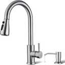Kitchen Faucet with Soap Dispenser, Hiqufet Brushed Nickel Kitchen Faucet with Pull Down Sprayer, 3 Mode High Arc Single Handle RV Sink Faucet