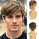 Mens Mixed Blonde Wig Short Straight Synthetic Blonde Mixed Brown Hair Wigs for Male Guy Daily Wear Anime Costume Halloween Cosplay Party