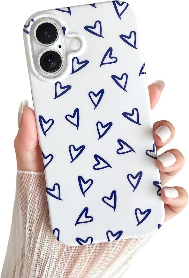 Skyseaco for iPhone 17 Case Cute Love Heart Design Aesthetic Pattern Phone Case for Women Girls Soft Slim TPU Shockproof Phone Cover for iPhone 17 6.3"- Blue & White