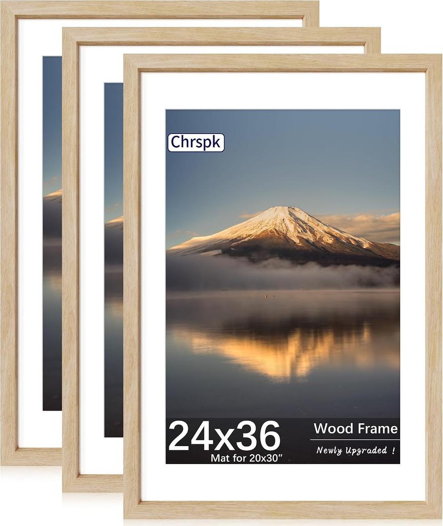 24X36 Poster Frame, Display Pictures 20X30 with Mat or 24X36 Without, Wall Hanging Frames, Natural Oak, 3 Pack