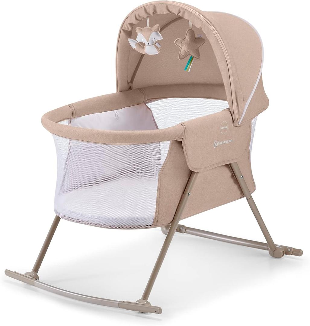 Kinderkraft LOVI Travel Bassinet for Baby, Portable Folding Baby Bed with Built-in Mosquito net, Adjustable Hood and an Additional Cradle Function, Beige