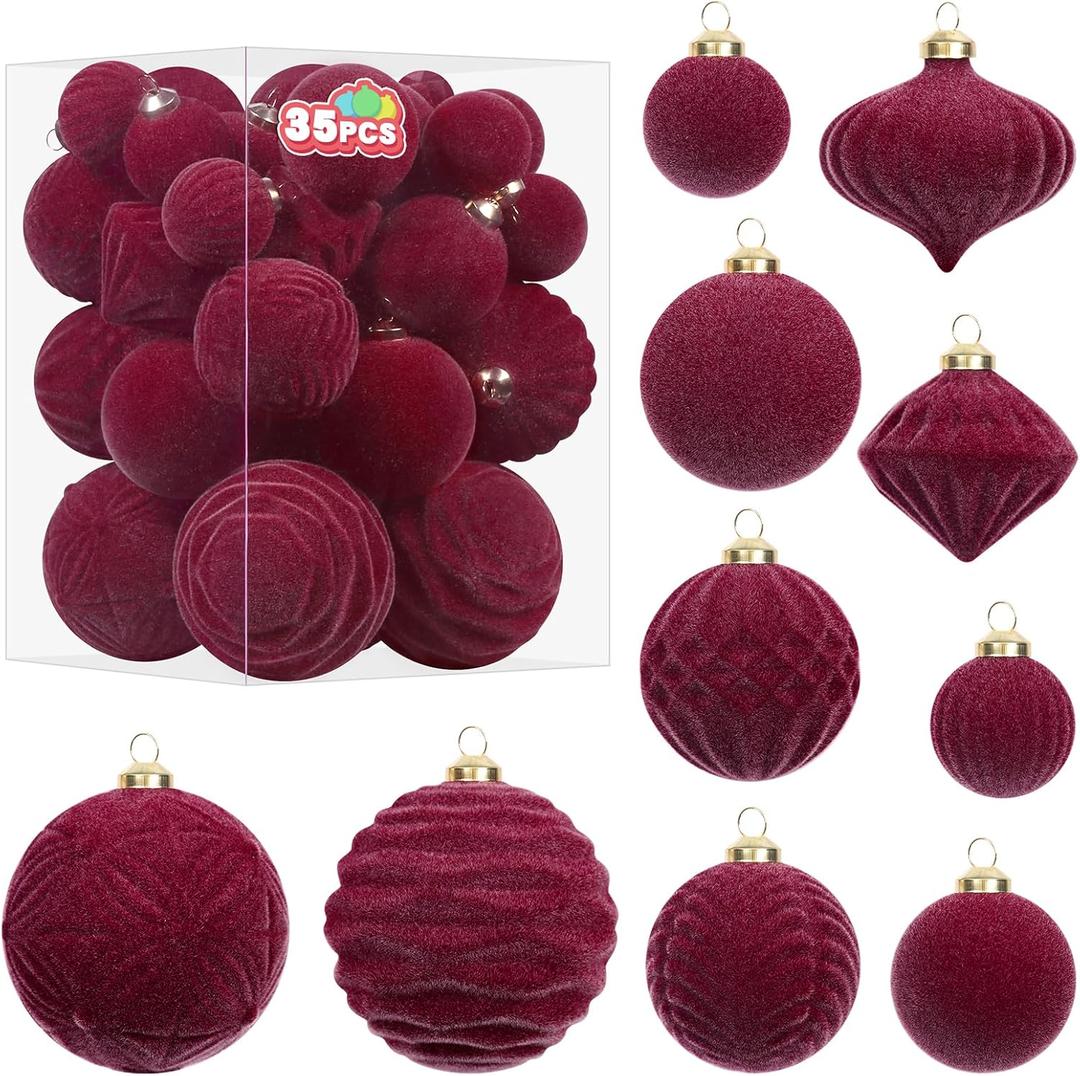 Super Holiday Velvet Christmas Ornaments Set, 35PCS Flocked Shatterproof Assorted Hanging Xmas Tree Ball Decorations, for Home Party Holiday Valentines Day Decor, Burgundy (1.57"-3.14")