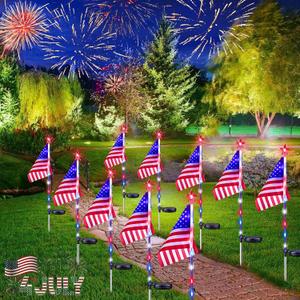 10 Pack Solar American Flag Lights Outdoor, 4th of July Decorations Outdoor, Waterproof Solar Flag Patriotic Lights for Yard, Garden, Pathway, Independence Day, 250th Anniversary (Red White and Blue)