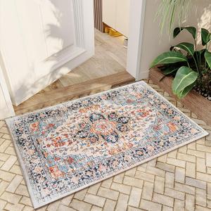 VK VKLIVING Entryway Washable Rug 2'x3' Small Boho Bathroom Throw Area Rug Non Slip Doormat Indoor Front Door Machine Washable Carpet for Bathroom Kitchen Vintage (Blue Orange)