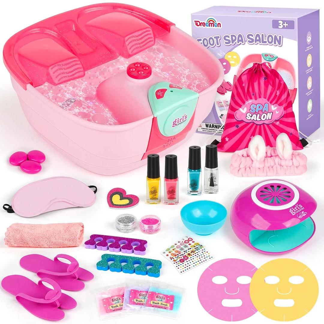 Kids Foot Spa & Nail Kit - Kids Spa Day Kit for Girls with Mask Foot Bath and Nail Dryer - Manicures Pedicure Toy Kit Nails Art Salon Girl Stuff - Christmas Birthday Gifts for 6 7 8 9 10-12 Year Old (Large Size)