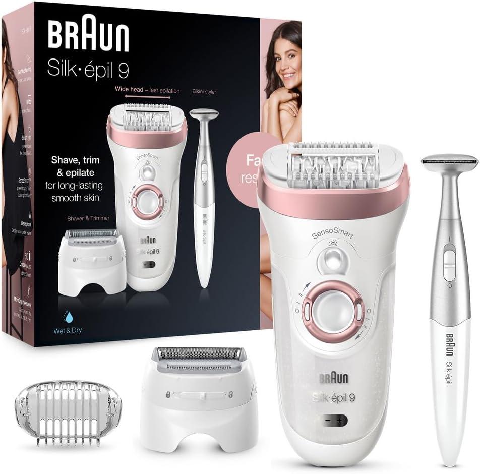Braun Silk-pil 9 9/890 SensoSmart Epilator, Waterproof, Wet & Dry Epilator, Cordless, with Shaver Head and Bikini Styler, Epilate, Shave, or Trim, Long-Lasting Results