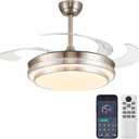 48 Inch Retractable Ceiling Fans with Lights, Modern Fandelier Ceiling Fan with Remote and App Control, 3 Color Dimmable, 6 Speeds Reversible, for Bedroom/Living Room/Office (Brushed Nickel)