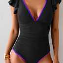 Aidonger Women's One Piece Ruffle Swimsuit Tummy Control Bathing Suit V Neck Shell Stitched Swim Suit Slimming Swimwear (Black, S)