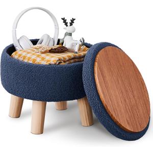 Wimarsbon Storage Ottoman, Modern Round Footrest with Soft Padded Seat, Teddy Velvet Footstool with Wood Legs, Accent Small Table or Plant Stand for Hallway, Living Room (Grey-Blue)