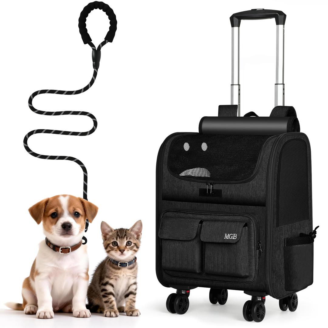 MGB Rolling Cat Carrier with Wheels, Pet Carrier, Black (Not for Airline)