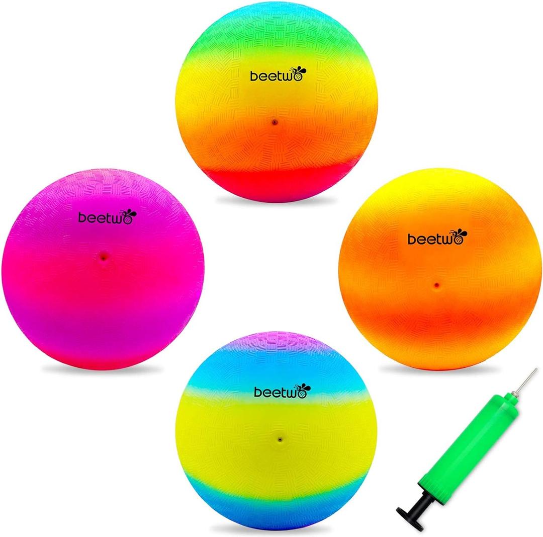 Four Square Balls, 8.5 Inch Playground Ball for Kids Outdoor Dodgeball Kickball Handball Game with Hand Pump (Multicolor (4 balls))
