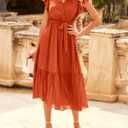 BTFBM Women Summer Bohemian Floral Casual Wrap V Neck Ruffle Cap Sleeveless Belt A-Line Pleated Hem Midi Sun Dress White (Orange, S)