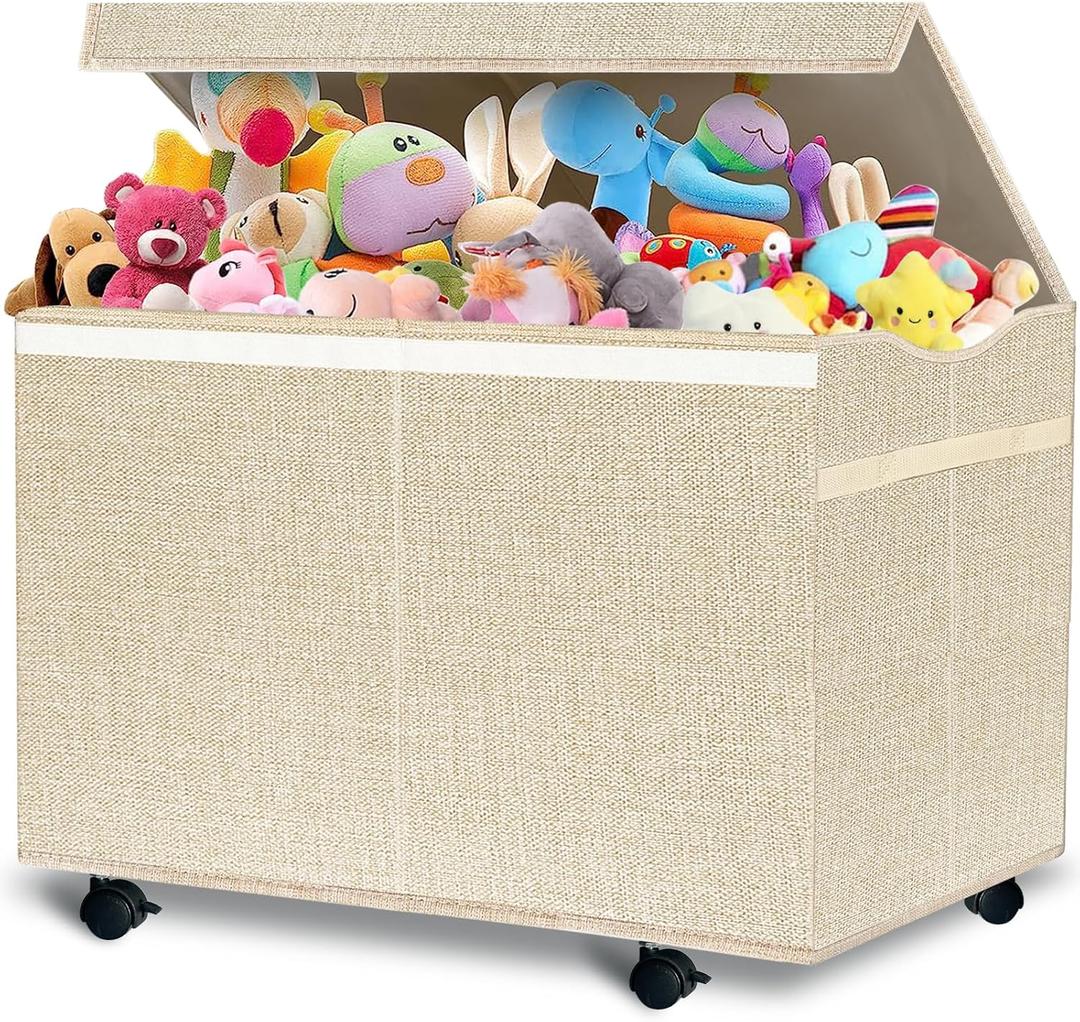 VERONLY Large Kids Toy Box Storage Chest with 360Wheels,Toy Box with Lid for Boys, Girls,Collapsible Sturdy Toy Storage Bins Containers for Stuffed Animals, Clothes, Bedroom, Nursery, Playroom -Beige