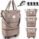 Rolling Duffle Bag with Detachable Wheels and Adjustable Shoulder Strap, Large Expandable Foldable Carry On Luggage Bag with Handle and Suitcase Sleeve, Weekend Travel Airplane 25L-55L (Brown)