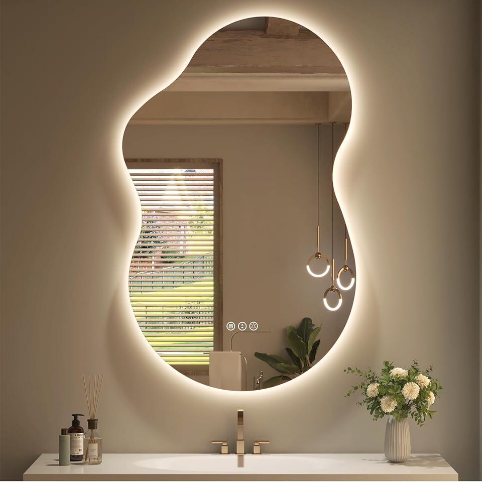 SMIROR 20x32 Irregular Backlit Led Lighted Bathroom Vanity Mirror | Asymmetrical, Cloud Shape, Anti-Fog, 3 Colors, Dimmable, Memory, Tempered Glass, UL