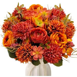 3 Bundles Fall Artificial Flowers Bouquet Fake Peony Silk Chrysanthemums Autumn Faux Floral Arrangements for Home Decor Indoor Living Room Kitchen Table Centerpieces Decoration (Burnt Orange)
