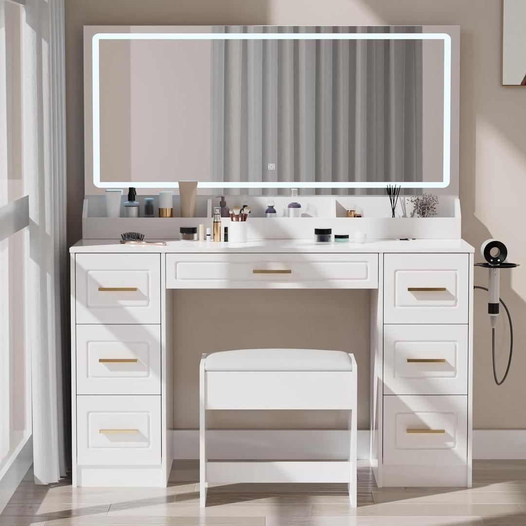 Vanity Desk with Mirror and LED Lights, 43'' W Makeup Vanity Desk with Power Outlet, 3 Color Modes, 7 Drawers Vanity Table with Chair, Dressing Table for Bedroom, Dressing Room (White)