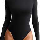 REORIA Women's Crew Neck Long Sleeve Bodysuits Basic Slim Fit Comfy Lightweight Layering Top Fall Winter Outfits (Black)