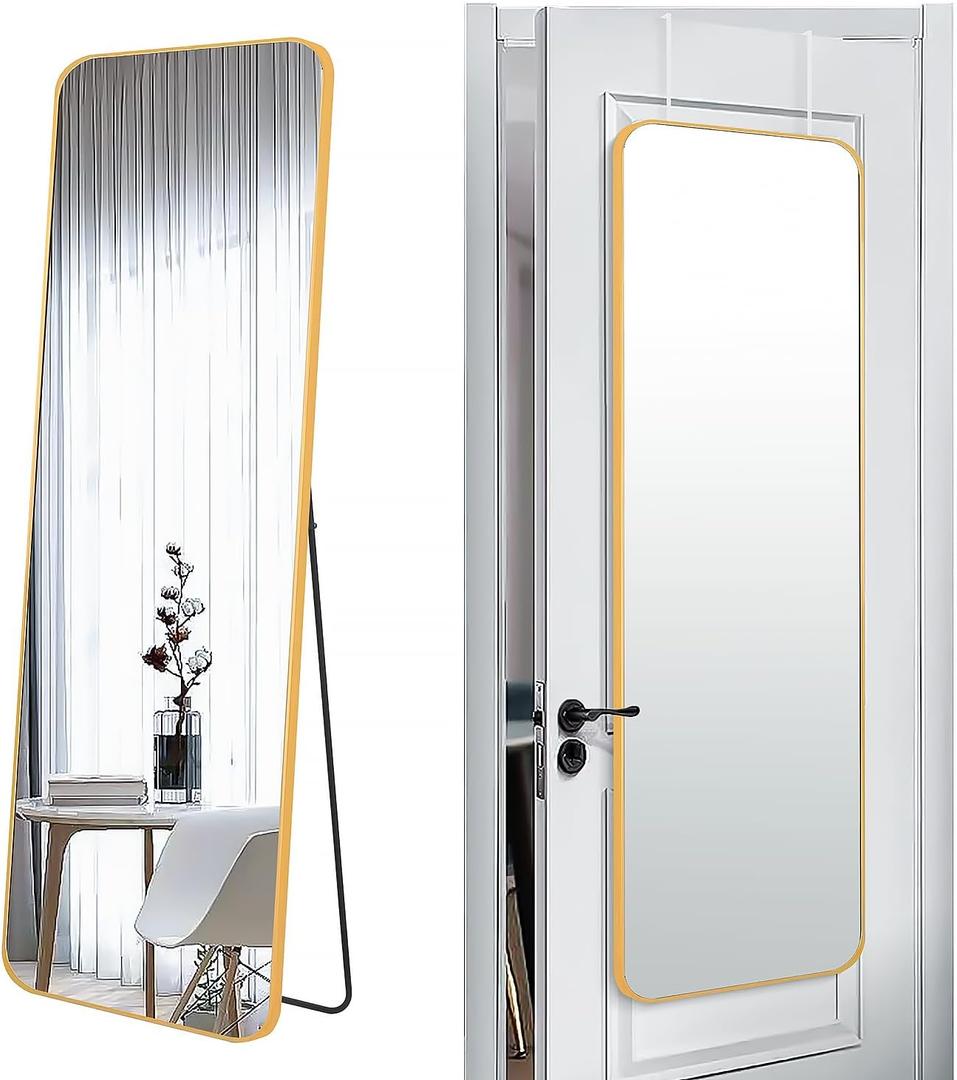 57x20 Door Hanging Full Length Mirror, Floor Stand (Height 5.7ft just Body in1.3ft) Wall Mounted Metal Frame Rectangle Dressing Mirrors for Bedroom Room 57 inch Gold