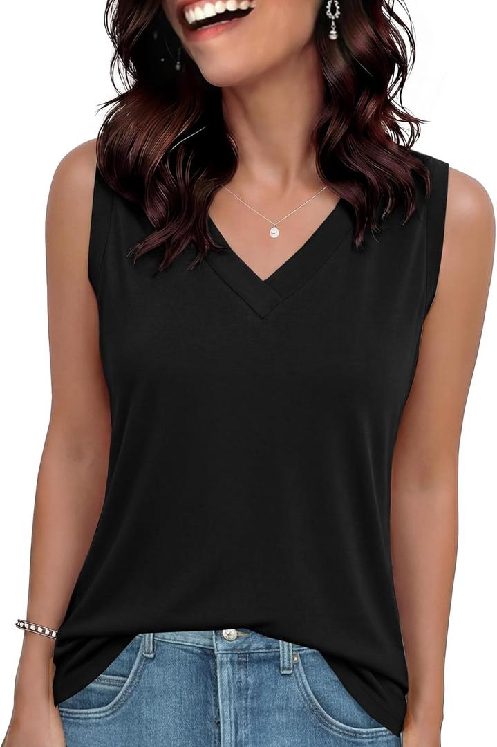 GAYHAY Womens Tank Tops Loose Fit Sleeveless Summer Shirts V Neck Flowy Blouses Casual Beach Vacation Clothes Fashion 2026 (Black, XL)