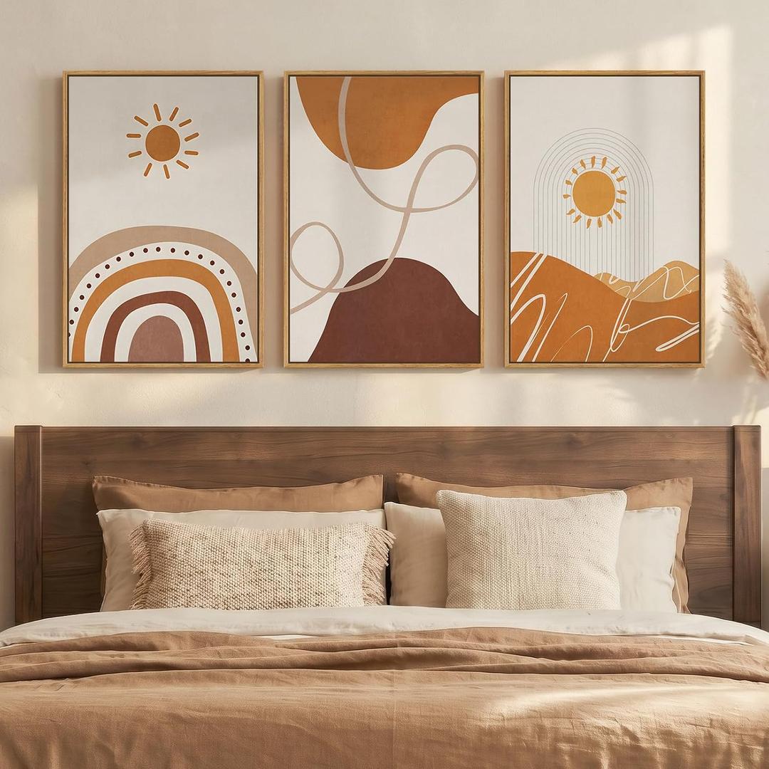 Framed Boho Neutral Terracotta Abstract Wall Art Bedroom, 3 Piece Beige Orange Sun Arch Canvas Artwork for Walls, Mid Century Modern Rainbow Prints Wall Decor for Living Room Nursery Room, 16x24 Inch, 16" W x 24" H x 3Pcs