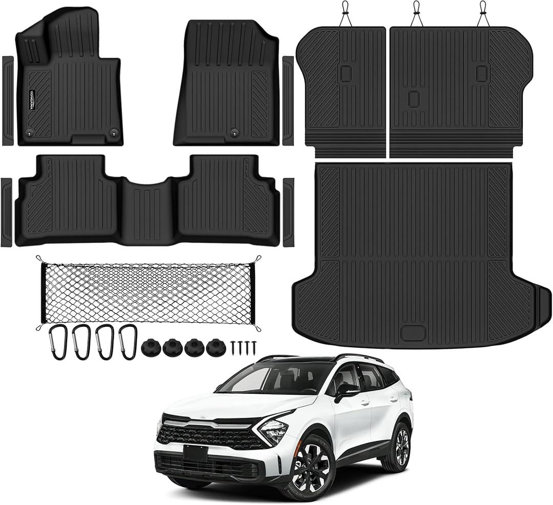 Tongama-Floor Mats for 2026 Kia Sportage Hybrid(Not for PHEV), All Weather TPE Trunk Mat and Backrest Mats Protector and Cargo Net and Door Sill Guards for Kia Sportage Floor Liner Accessories
