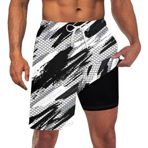 Goodstoworld Men's Funny Swim Trunks with Compression Liner 2 in 1 Quick-Dry 9" Stretch Shorts with Three Pockets (Medium, Black White / Graffiti)