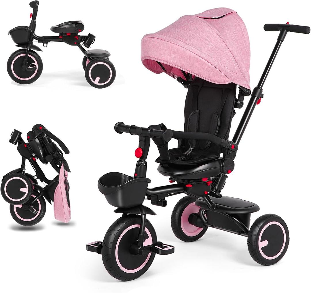 Baby Tricycle, 6-in-1 Folding Kids Trike with Removable Push Handle, Rotatable Seat, Adjustable Canopy, Storage Box, Safety Harness, Balance Bike, Toddler Trike for 7 Months - 5 Year Girls and Boys