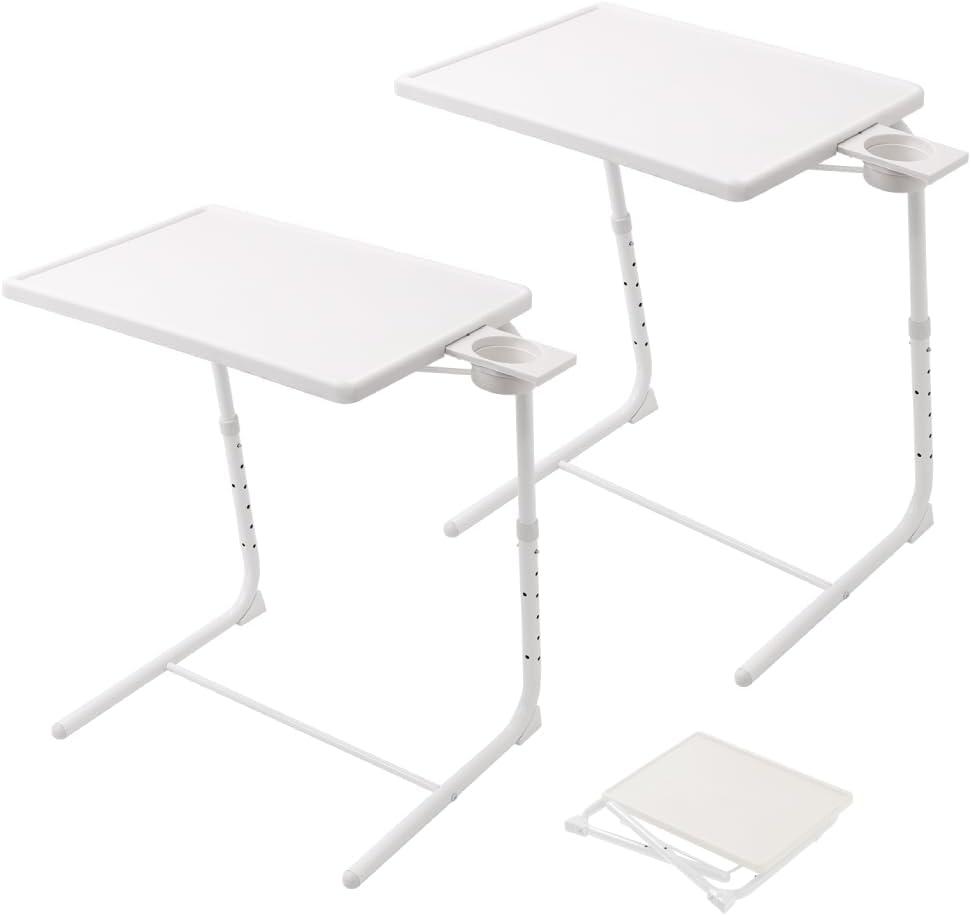 Adjustable TV Tray Table on Bed Sofa, Foldable Portable Bedside Dinner Table with Cup Holder, Adjust 6 Height & 3 Tilt Angle (White - 2 pcs)